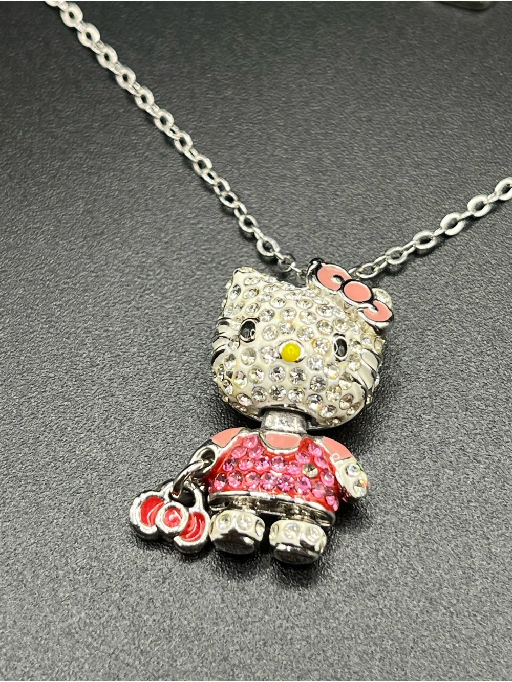 Swarvoski Crystal Hello Kitty Pendant Necklace with Red Bow Enamelled